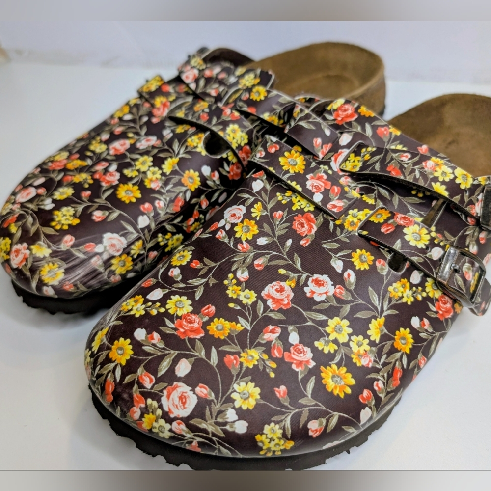 Birkenstock Floral Clog Sandals in Brown with Yellow & Pink Flowers